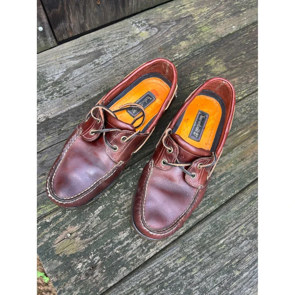 Timberland Mens 9.5 M Burgundy Brown Leather Boat Shoes 25077 Classic Moc Toe